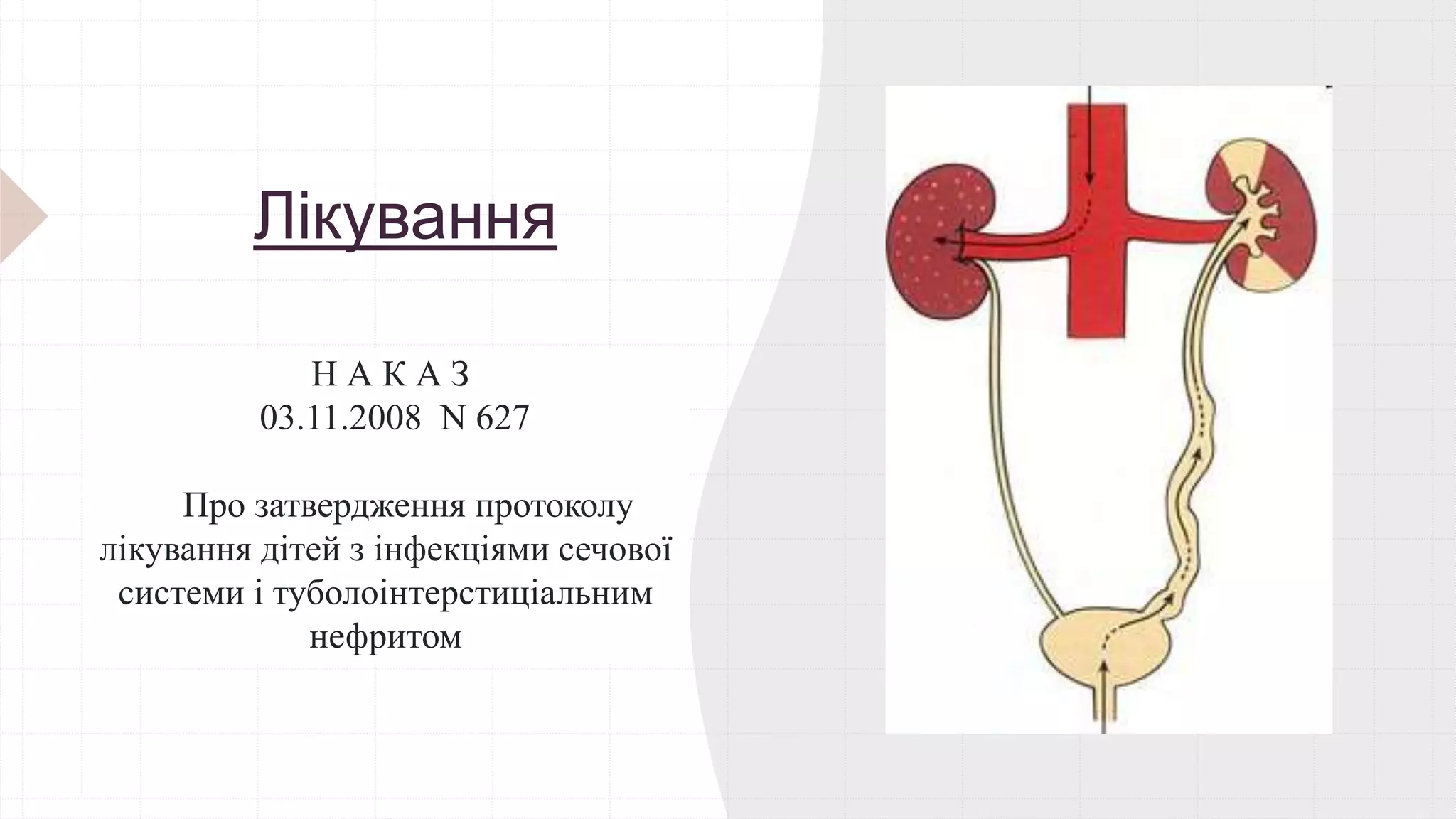 Лікування
Н А К А З
03.11.2008 N 627
Про затвердження протоколу
лікування дітей з інфекціями сечової
системи і туболоінтерстиціальним
нефритом
 