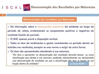 21
o Dá informação sobre o desempenho económico da entidade ao longo do
período de relato, evidenciando as componentes positivas e negativas do
resultado líquido do período.
o O SNC apenas prevê a disposição vertical.
o Todos os itens de rendimentos e gastos reconhecidos no período devem ser
incluídos nos resultados, excepto se uma norma o exigir de outra forma.
o Os itens são apresentados atendendo à sua natureza.
“Os itens a apresentar na demonstração dos resultados deverão basear -se numa
classificação que atenda à sua natureza, podendo, adicionalmente, ser apresentada
uma demonstração de resultados em que a classificação dos itens se baseie na sua
função dentro da entidade.”
Demonstração dos Resultados por Naturezas
§ 34 da NCRF 1
 