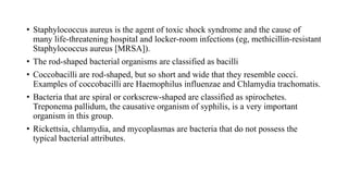• Staphylococcus aureus is the agent of toxic shock syndrome and the cause of
many life-threatening hospital and locker-room infections (eg, methicillin-resistant
Staphylococcus aureus [MRSA]).
• The rod-shaped bacterial organisms are classified as bacilli
• Coccobacilli are rod-shaped, but so short and wide that they resemble cocci.
Examples of coccobacilli are Haemophilus influenzae and Chlamydia trachomatis.
• Bacteria that are spiral or corkscrew-shaped are classified as spirochetes.
Treponema pallidum, the causative organism of syphilis, is a very important
organism in this group.
• Rickettsia, chlamydia, and mycoplasmas are bacteria that do not possess the
typical bacterial attributes.
 