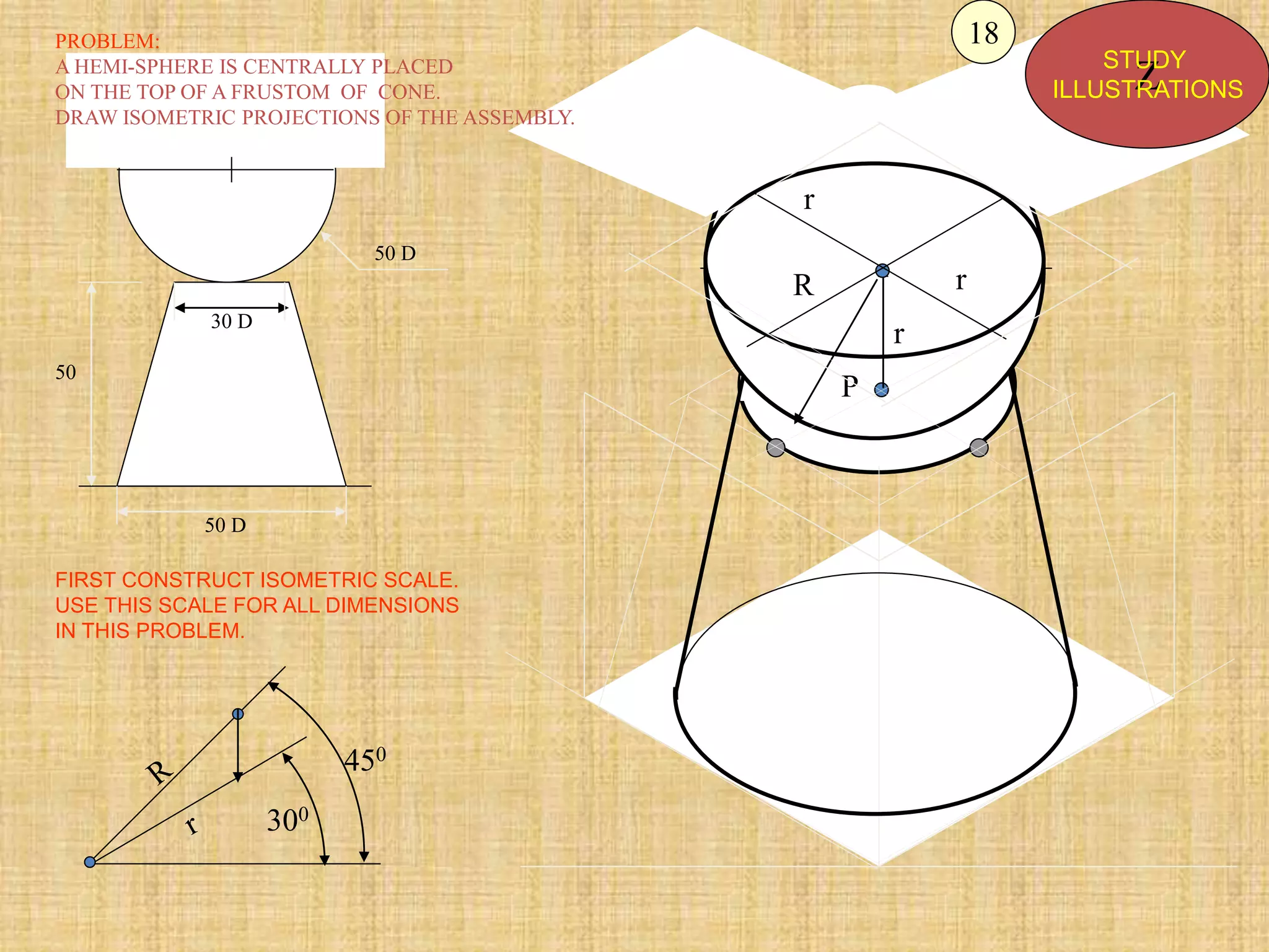 P
r
R
r
r
50 D
30 D
50 D
50
450
300
PROBLEM:
A HEMI-SPHERE IS CENTRALLY PLACED
ON THE TOP OF A FRUSTOM OF CONE.
DRAW ISOMETRIC PROJECTIONS OF THE ASSEMBLY.
FIRST CONSTRUCT ISOMETRIC SCALE.
USE THIS SCALE FOR ALL DIMENSIONS
IN THIS PROBLEM.
Z
STUDY
ILLUSTRATIONS
18
 