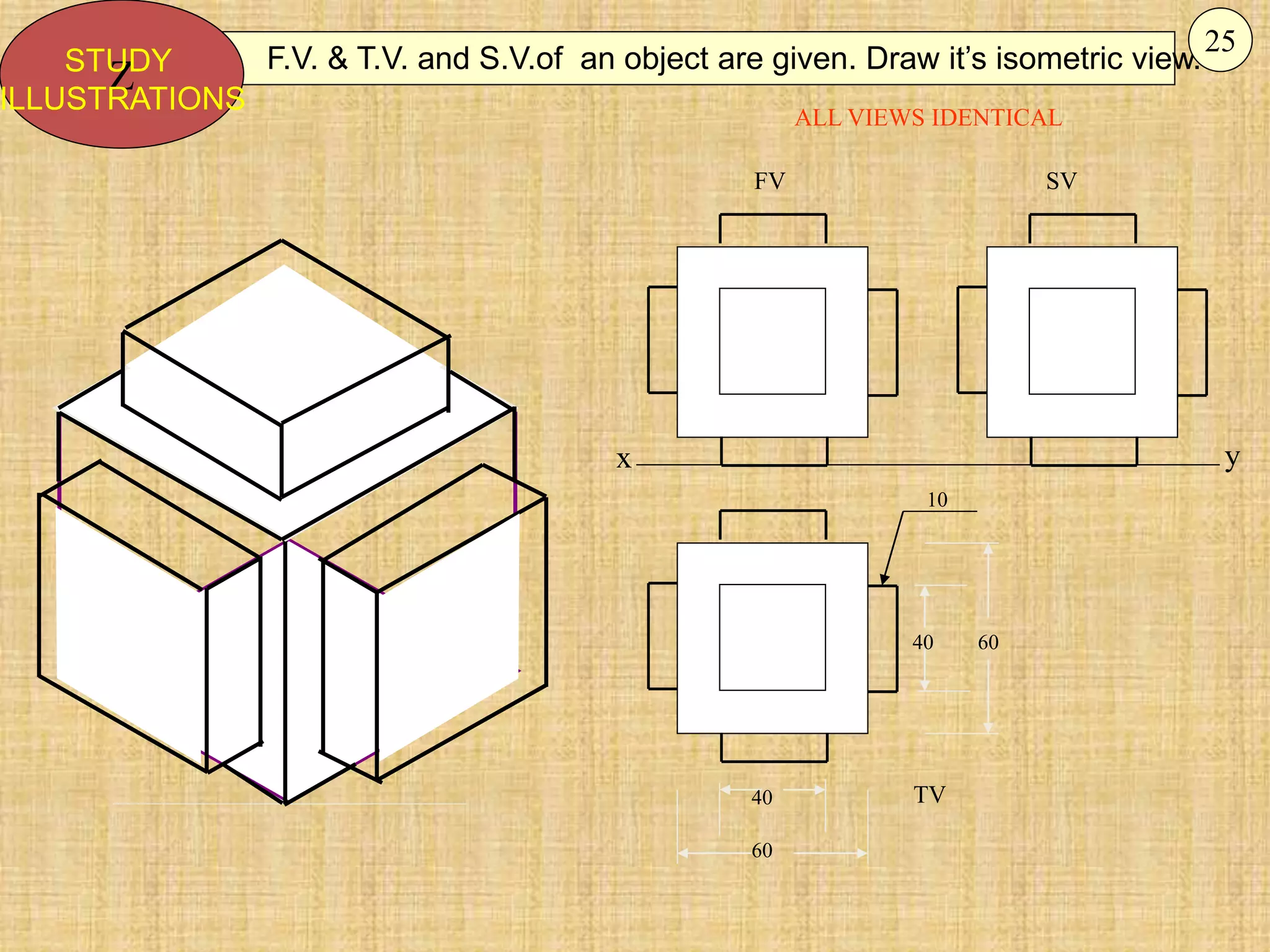 x y
FV SV
TV
ALL VIEWS IDENTICAL
40 60
60
40
10
F.V. & T.V. and S.V.of an object are given. Draw it’s isometric view.
Z
STUDY
ILLUSTRATIONS
25
 