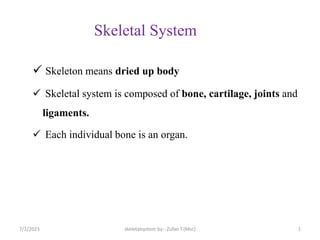 Skeletal System
 Skeleton means dried up body
 Skeletal system is composed of bone, cartilage, joints and
ligaments.
 Each individual bone is an organ.
7/2/2023 skeletalsystem by:- Zufan T.(Msc) 1
 