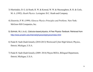 3) Martindale, D. G. & Heath, R. W. & Konrad, W. W. & Macnaughton, R. R. & Carle,
M. A. (1992). Heath Physics. Lexington: D.C. Heath and Company
4) Zitzewitz, P. W. (1999). Glencoe Physics Principles and Problems. New York:
McGraw-Hill Companies, Inc.
5) Schnick, W.J. (n.d.). Calculus-based physics, A Free Physics Textbook. Retrieved from
http://www.anselm.edu/internet/physics/cbphysics/index.html
6) Nada H. Saab (Saab-Ismail), (2010-2013) Westwood Cyber High School, Physics,
Detroit, Michigan, U.S.A.
7) Nada H. Saab (Saab-Ismail), (2009- 2014) Wayne RESA, Bilingual Department,
Detroit, Michigan, U.S.A.
18
 