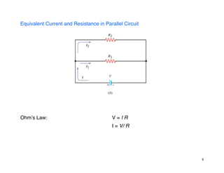 Equivalent Current and Resistance in Parallel Circuit
Ohmʼs Law: V = I R
I = V/ R
6
 