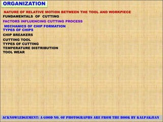 ORGANIZATION
ACKNOWLEDGEMENT: A GOOD NO. OF PHOTOGRAPHS ARE FROM THE BOOK BY KALPAKJIAN
NATURE OF RELATIVE MOTION BETWEEN THE TOOL AND WORKPIECE
FUNDAMENTALS OF CUTTING
FACTORS INFLUENCING CUTTING PROCESS
TYPES OF CHIPS
CHIP BREAKERS
CUTTING TOOL
TYPES OF CUTTING
TEMPERATURE DISTRIBUTION
TOOL WEAR
MECHANICS OF CHIP FORMATION
 