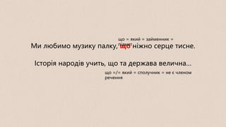 Ми любимо музику палку, що ніжно серце тисне.
Історія народів учить, що та держава велична…
що = який = займенник =
підмет
що =/= який = сполучник = не є членом
речення
 