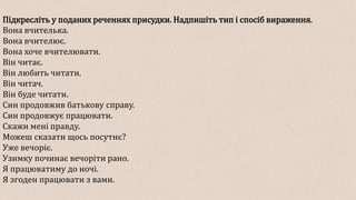 Підкресліть у поданих реченнях присудки. Надпишіть тип і спосіб вираження.
Вона вчителька.
Вона вчителює.
Вона хоче вчителювати.
Він читає.
Він любить читати.
Він читач.
Він буде читати.
Син продовжив батькову справу.
Син продовжує працювати.
Скажи мені правду.
Можеш сказати щось посутнє?
Уже вечоріє.
Узимку починає вечоріти рано.
Я працюватиму до ночі.
Я згоден працювати з вами.
 
