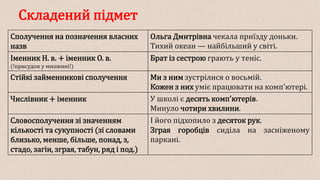 Складений підмет
Сполучення на позначення власних
назв
Ольга Дмитрівна чекала приїзду доньки.
Тихий океан — найбільший у світі.
Іменник Н. в. + іменник О. в.
(!присудок у множині!)
Брат із сестрою грають у теніс.
Стійкі займенникові сполучення Ми з ним зустрілися о восьмій.
Кожен з них уміє працювати на комп'ютері.
Числівник + іменник У школі є десять комп'ютерів.
Минуло чотири хвилини.
Словосполучення зі значенням
кількості та сукупності (зі словами
близько, менше, більше, понад, з,
стадо, загін, зграя, табун, ряд і под.)
І його підхопило з десяток рук.
Зграя горобців сиділа на засніженому
паркані.
 
