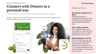 Connect with donors on a deeper level with interests & engagement at your ﬁngertips.
Connect with Donors in a
personal way
EXCEED FUNDRAISING GOALS
How we do it
See previous engagement at a
glance
View past giving and
engagement within seconds all
in the palm of your hand with
the free Bloomerang Mobile
App.
Track results in real-time
With integrated data across
your platforms, spend less time
reporting and more on raising
awareness for your mission
Build relationships on the ﬂy
With the mobile app, you can
locate personal information for
any constituent with ease,
allowing you to speak to them
in a way that demonstrates your
interest in them as a person not
just as a donor.
Nurture in-person connections with key donors at your events so you can seamlessly build
authentic relationships anywhere, anytime.
 