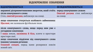 ВІДОКРЕМЛЕНІ ОЗНАЧЕННЯ
ВІДОКРЕМЛЮЮТЬСЯ НЕ ВІДОКРЕМЛЮЮТЬСЯ
виражені дієприкметниковим зворотом, який стоїть
після означуваного слова:
Степ, омитий росами, виблискує на сонці.
перед означуваним словом:
Омитий росами степ виблискує
на сонці.
якщо означення стосується особового займенника:
Щасливі, ми залишали футбольне поле.
після означуваного слова, якщо перед ним уже є
узгоджене означення:
І наша земля, засніжена й біла, кличе в простори
простори свої.
якщо означення відділене від означуваного слова
іншими членами речення:
Осяяний сонцем, перед нами розкрився зовсім
новий світ.
 