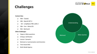 v
H2O.ai Confidential
Challenges
Context Size:
❏ 100k - Claude2
❏ 128k - OpenAI GPT-4
❏ 32k - LongAlpaca 70B LLaMa-2
❏ 128k - Yarn - Mistral 7B
❏ 192k - Baichuan2
Other Challenges:
❏ Vague or Meta questions
❏ Critique, Verification
❏ Lexical + Semantic
❏ Retrieval vs. Summarization and Extraction
❏ Time-Aware RAG
❏ Multi-Modal Agency
Meta Queries
Retrieval
Understanding
 