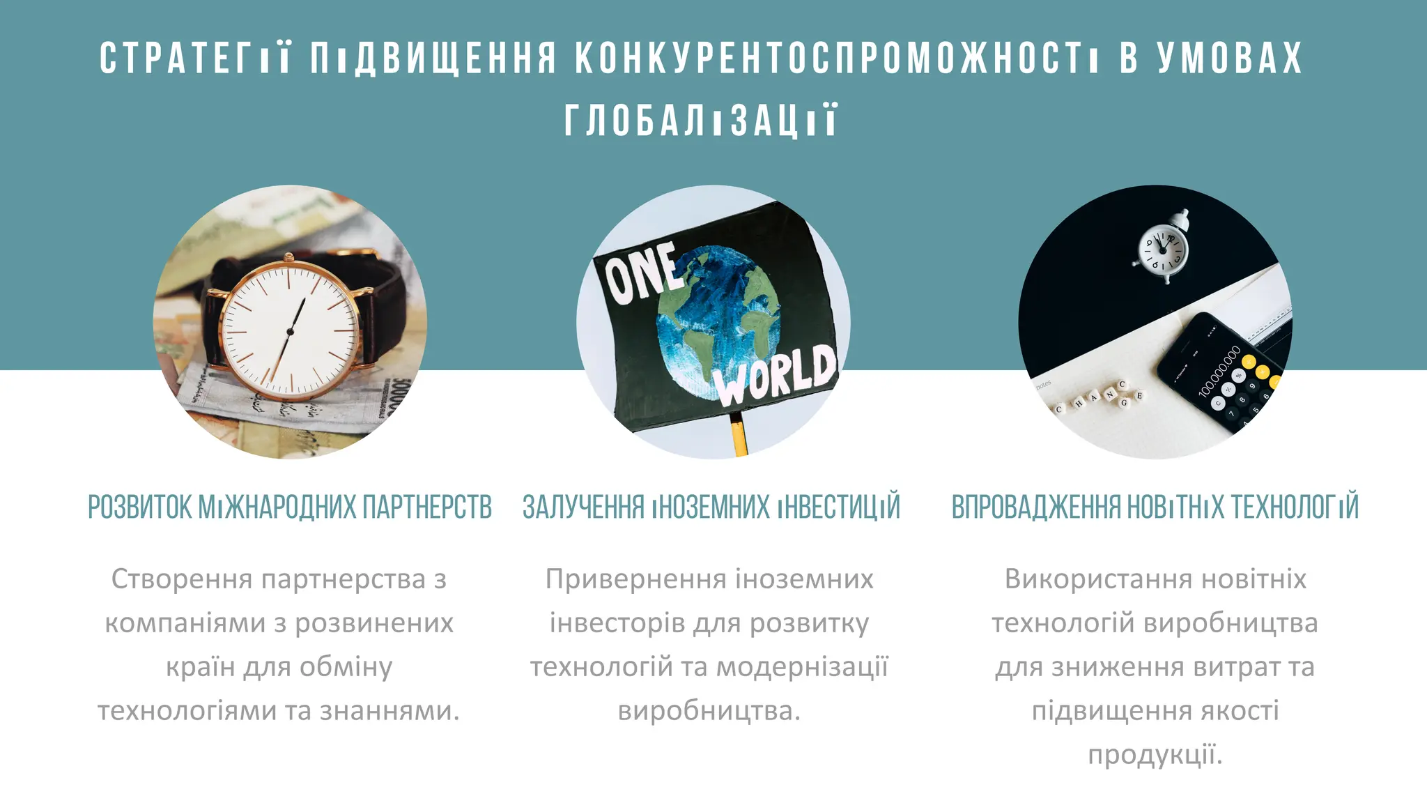 Стратегії підвищення конкурентоспроможності в умовах
глобалізації
Залучення іноземних інвестицій Впровадження новітніх технологій
Розвиток міжнародних партнерств
Привернення іноземних
інвесторів для розвитку
технологій та модернізації
виробництва.
Використання новітніх
технологій виробництва
для зниження витрат та
підвищення якості
продукції.
Створення партнерства з
компаніями з розвинених
країн для обміну
технологіями та знаннями.
 