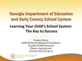 Georgia Department of Education
 and Early County School System
Learning Your Child’s School System:
         The Key to Success

                 Tammy Storey
      ECSS Parent Involvement Coordinator
           Located: ECMS room 203
              Phone: 229.359.5310
            tstorey@early.k12.ga.us
 