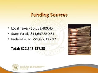 Funding Sources

• Local Taxes- $6,058,409.45
• State Funds-$11,657,590.81
• Federal Funds-$4,927,137.12

  Total: $22,643,137.38
 