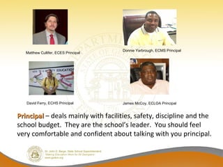 Donnie Yarbrough, ECMS Principal
   Matthew Cullifer, ECES Principal




   David Ferry, ECHS Principal        James McCoy, ECLOA Principal


Principal – deals mainly with facilities, safety, discipline and the
school budget. They are the school’s leader. You should feel
very comfortable and confident about talking with you principal.
 