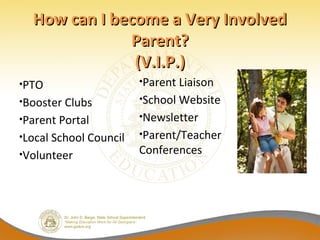 How can I become a Very Involved
              Parent?
               (V.I.P.)
•PTO                    •Parent Liaison

•Booster Clubs          •School Website

•Parent Portal          •Newsletter

•Local School Council   •Parent/Teacher

•Volunteer              Conferences
 