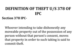 DEFINITION OF THEFT U/S 378 OF
IPC
Section 378 IPC-
Whoever intending to take dishonestly any
moveable property out of the possession of any
person without that person’s consent, moves
that property in order to such taking is said to
commit theft.
 