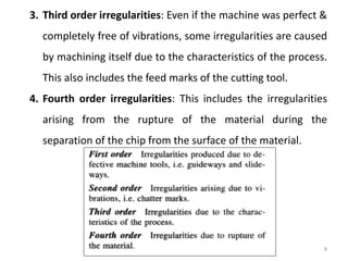 8
3. Third order irregularities: Even if the machine was perfect &
completely free of vibrations, some irregularities are caused
by machining itself due to the characteristics of the process.
This also includes the feed marks of the cutting tool.
4. Fourth order irregularities: This includes the irregularities
arising from the rupture of the material during the
separation of the chip from the surface of the material.
 