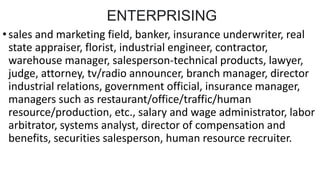 ENTERPRISING
•sales and marketing field, banker, insurance underwriter, real
state appraiser, florist, industrial engineer, contractor,
warehouse manager, salesperson-technical products, lawyer,
judge, attorney, tv/radio announcer, branch manager, director
industrial relations, government official, insurance manager,
managers such as restaurant/office/traffic/human
resource/production, etc., salary and wage administrator, labor
arbitrator, systems analyst, director of compensation and
benefits, securities salesperson, human resource recruiter.
 