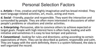 Personal Selection Factors
c. Artistic – Free, creative and highly imaginative and has broad minded. They
want language-related activities, art, music, acting and more.
d. Social - Friendly, popular and responsible. They want the interaction and
surrounded by people. They are often more interested in discussions of other
people's problems or situations and similar activities.
e. Enterprising- Persuasive, able to convince others to achieve expected or
target goals. People with high interest here is often lively, leading and with
initiative and sometimes it is easy to lose temper and patience.
F. Conventional - looking for rules and directions; acting according to certain
expectations of them. They can be described as patient, responsible and calm.
They are happy with the work definitely, there is a system followed, the data is
well organized the record.
 