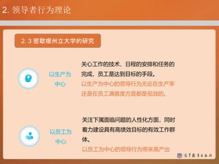以员工为
中心
关注下属面临问题的人性化方面，同时
着力建设具有高绩效目标的有效工作群
体。
以员工为中心的领导行为带来高产出
以生产为
中心
关心工作的技术、日程的安排和任务的
完成，员工是达到目标的手段。
以生产为中心的领导行为无论在生产率
还是在员工满意度方面都是低效的。
2. 领导者行为理论
2. 3 密歇根州立大学的研究
 