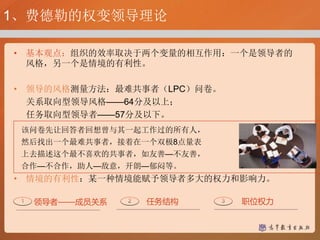 • 基本观点：组织的效率取决于两个变量的相互作用：一个是领导者的
风格，另一个是情境的有利性。
• 领导的风格测量方法：最难共事者（LPC）问卷。
关系取向型领导风格——64分及以上；
任务取向型领导者——57分及以下。
• 情境的有利性：某一种情境能赋予领导者多大的权力和影响力。
1、费德勒的权变领导理论
领导者——成员关系 任务结构 职位权力
该问卷先让回答者回想曾与其一起工作过的所有人，
然后找出一个最难共事者，接着在一个双极8点量表
上去描述这个最不喜欢的共事者，如友善—不友善，
合作—不合作，助人—敌意，开朗—郁闷等。
 