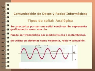 Se caracteriza por ser una señal continua. Se representa
gráficamente como una ola.
Puede ser transmitida por medios físicos o inalámbricos.
Se utiliza en sistemas como telefonía, radio y televisión.
Tipos de señal: Analógica
0
+
-
Un
ciclo
Amplitud
Comunicación de Datos y Redes Informáticas
 