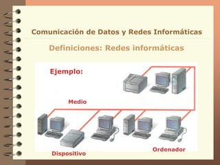 Definiciones: Redes informáticas
Comunicación de Datos y Redes Informáticas
Ejemplo:
Dispositivo
Ordenador
Medio
 