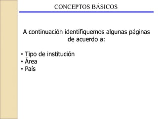 CONCEPTOS BÁSICOS
A continuación identifiquemos algunas páginas
de acuerdo a:
• Tipo de institución
• Área
• País
 