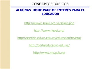 CONCEPTOS BÁSICOS
ALGUNAS HOME PAGE DE INTERÉS PARA EL
EDUCADOR
http://www2.scielo.org.ve/scielo.php
http://www.rieoei.org/
http://servicio.cid.uc.edu.ve/educacion/revista/
http://portaleducativo.edu.ve/
http://www.me.gob.ve/
 