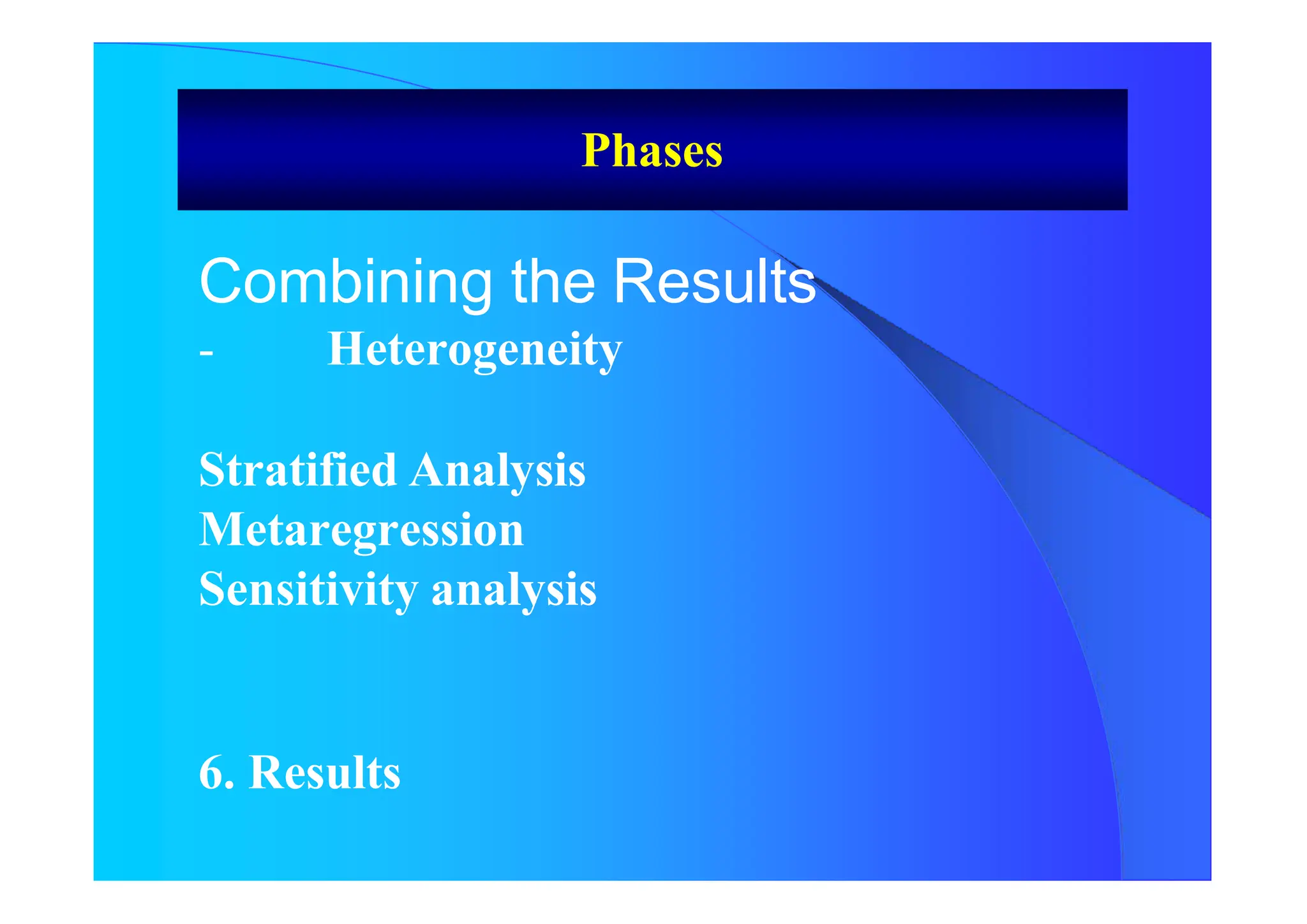 Phases
Combining the Results
- Heterogeneity
Stratified Analysis
Metaregression
Sensitivity analysis
6. Results
 