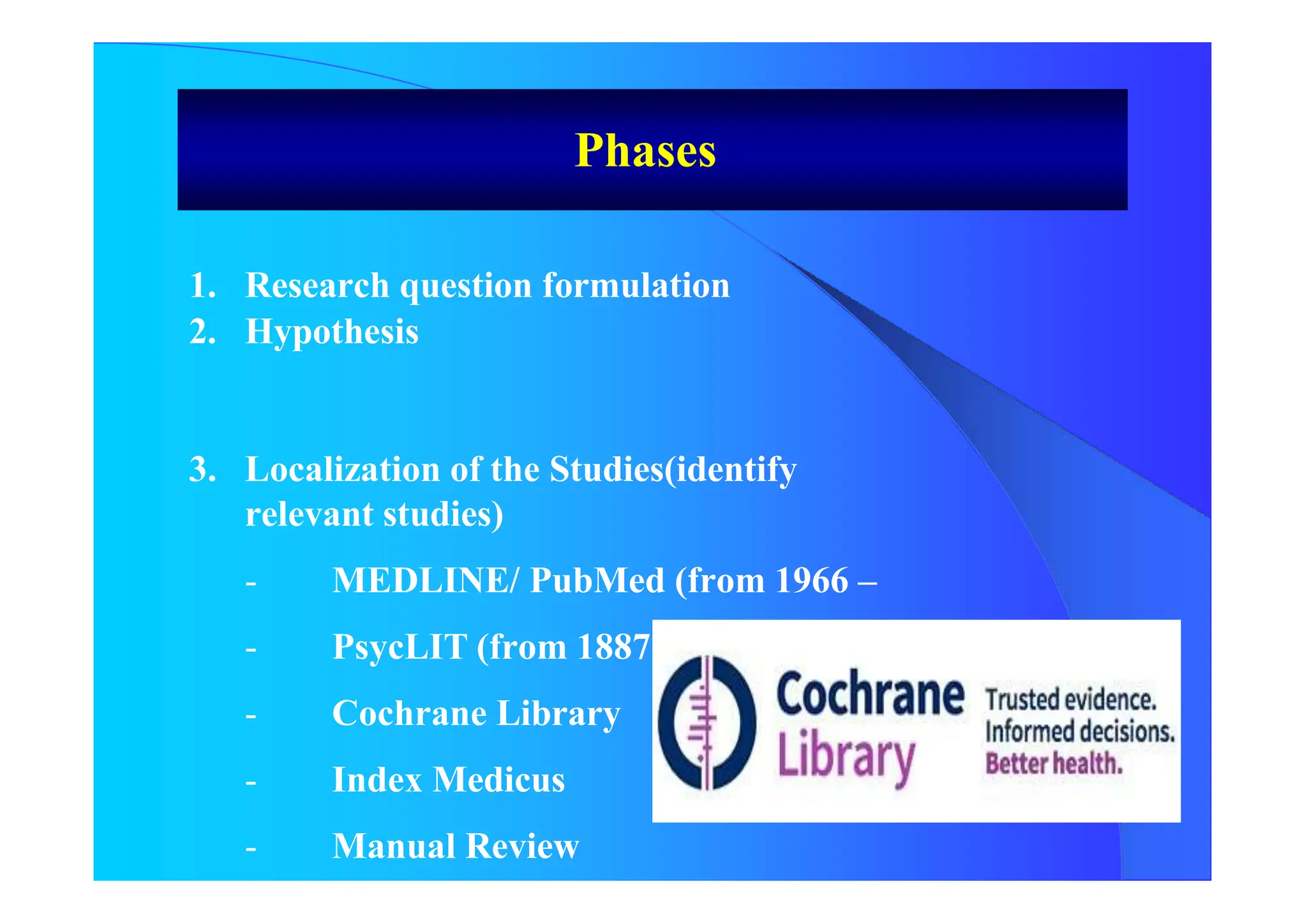 1. Research question formulation
2. Hypothesis
3. Localization of the Studies(identify
relevant studies)
- MEDLINE/ PubMed (from 1966 –
- PsycLIT (from 1887 -
- Cochrane Library
- Index Medicus
- Manual Review
Phases
 