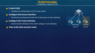 · Configuration Steps for VLAN
• Creating the corresponding VLAN on each switch.
• Dividing the corresponding hosts into VLANs based on their interfaces.
• Interconnected interfaces of the switch configure Trunk interfaces.
Vlan 10 Vlan 20
Technology Finance
 