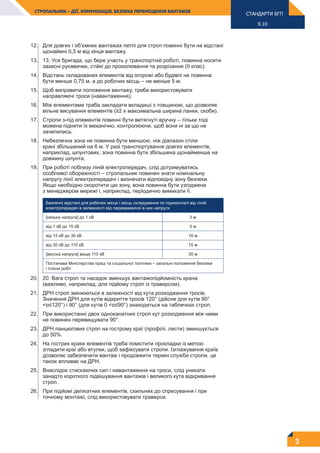 3
9.10
СТРОПАЛЬНИК – ДІЇ, КОМУНІКАЦІЯ, БЕЗПЕКА ПЕРЕМІЩЕННЯ ВАНТАЖІВ
12. Для довгих і об’ємних вантажах петлі для строп повинні бути на відстані
щонаймні 0,5 м від кінця вантажу.
13. 13. Уся бригада, що бере участь у транспортній роботі, повинна носити
захисні рукавички, стійкі до проколювання та розрізання (ІІ клас).
14. Відстань складованих елементів від огорожі або будівлі не повинна
бути менше 0,75 м, а до робочих місць – не менше 5 м.
15. Щоб виправити положення вантажу, треба використовувати
направляючі троси (навантаження).
16. Між елементами траба закладати вкладиші з товщиною, що дозволяє
вільне висування елементів (≥2 x максимальна ширина ланки, скоби).
17. Стропи з-під елементів повинні бути витягнуті вручну – тільки тоді
можена підняти їх механічно, контролюючи, щоб вони ні за що не
зачепились.
18. Небезпечна зона не повинна бути меншою, ніж діапазон стіли
крані збільшений на 6 м. У разі транспортування довгих елементів,
наприклад, шпунтових, зона повинна бути збільшена щонайменше на
довжину шпунта.
19. При роботі поблизу ліній електропередач, слід дотримуватись
особливої оборежності – стропальник повинен знати номінальну
напругу лінії електропередачі і визначати відповідну зону безпеки.
Якщо необхідно скоротити цю зону, вона повинна бути узгоджена
з менеджером мережі і, наприклад, періодично вимикати її.
Безпечні відстані для робочих місця і місць складування по горизонталі від ліній
електропередач в залежності від переважаючої в них напруги
[низька напруга] до 1 кВ 3 м
від 1 кВ до 15 кВ 5 м
від 15 кВ до 30 кВ 10 м
від 30 кВ до 110 кВ 15 м
[висока напруга] вище 110 кВ 30 м
Постанова Міністерства праці та соціальної політики – загальні положення безпеки
і гігієни робіт
20. 20. Вага строп та насадок зменшує вантажопідйомність крана
(важливо, наприклад, для підйому строп із траверсом).
21. ДРН строп змінюються в залежності від кута розходження тросів.
Значення ДРН для кутів відкриття тросів 120° (дійсне для кутів 90°
<α≤120°) і 90° (для кутів 0 <α≤90°) знаходяться на табличках строп.
22. При використанні двох одноканатних строп кут розходження між ними
не повинен перевищувати 90°.
23. ДРН ланцюгових строп на гострому краї (профілі, листи) зменшується
до 50%.
24. На гострих краях елементів треба помістити прокладки із метою
згладити краї або втулки, щоб зафіксувати стропи. Ізглажування країв
дозволяє забезпечити вантаж і продовжити термін служби стропи, це
також впливає на ДРН.
25. Внаслідок стискаючих сил і навантаження на троси, слід уникати
занадто короткого підвішування вантажів і великого кута відкривання
строп.
26. При підйомі делікатних елементів, схильних до спресування і при
точному монтажі, слід використовувати траверси.
СТАНДАРТИ БГП
 