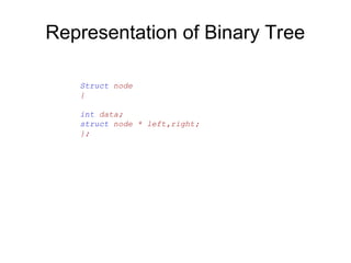 Representation of Binary Tree
Struct node
{
int data;
struct node * left,right;
};
 