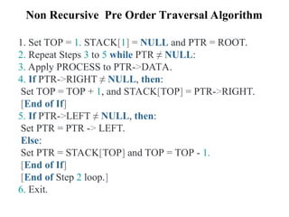 1. Set TOP = 1. STACK[1] = NULL and PTR = ROOT.
2. Repeat Steps 3 to 5 while PTR ≠ NULL:
3. Apply PROCESS to PTR->DATA.
4. If PTR->RIGHT ≠ NULL, then:
Set TOP = TOP + 1, and STACK[TOP] = PTR->RIGHT.
[End of If]
5. If PTR->LEFT ≠ NULL, then:
Set PTR = PTR -> LEFT.
Else:
Set PTR = STACK[TOP] and TOP = TOP - 1.
[End of If]
[End of Step 2 loop.]
6. Exit.
Non Recursive Pre Order Traversal Algorithm
 