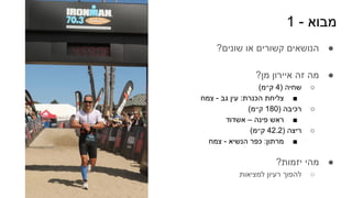 1 - ‫מבוא‬
●
?‫שונים‬ ‫או‬ ‫קשורים‬ ‫הנושאים‬
●
?‫מן‬ ‫איירון‬ ‫זה‬ ‫מה‬
○
(‫ק״מ‬ 4) ‫שחיה‬
■
‫צמח‬ - ‫גב‬ ‫עין‬ :‫הכנרת‬ ‫צליחת‬
○
(‫ק״מ‬ 180) ‫רכיבה‬
■
‫אשדוד‬ – ‫פינה‬ ‫ראש‬
○
(‫ק״מ‬ 42.2) ‫ריצה‬
■
‫צמח‬ - ‫הנשיא‬ ‫כפר‬ :‫מרתון‬
●
?‫יזמות‬ ‫מהי‬
○
‫למציאות‬ ‫רעיון‬ ‫להפוך‬
 