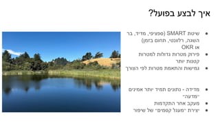 ?‫בפועל‬ ‫לבצע‬ ‫איך‬
●
‫בר‬ ,‫מדיד‬ ,‫)ספציפי‬ SMART ‫שיטת‬
(‫בזמן‬ ‫תחום‬ ,‫רלוונטי‬ ,‫השגה‬
OKR ‫או‬
●
‫למטרות‬ ‫גדולות‬ ‫מטרות‬ ‫פירוק‬
‫יותר‬ ‫קטנות‬
●
‫הצורך‬ ‫לפי‬ ‫מטרות‬ ‫והתאמת‬ ‫גמישות‬
●
‫אמינים‬ ‫יותר‬ ‫תמיד‬ ‫נתונים‬ - ‫מדידה‬
‫״מדעה״‬
●
‫התקדמות‬ ‫אחר‬ ‫מעקב‬
●
‫שיפור‬ ‫של‬ ‫קסמים״‬ ‫״מעגל‬ ‫יצירת‬
 