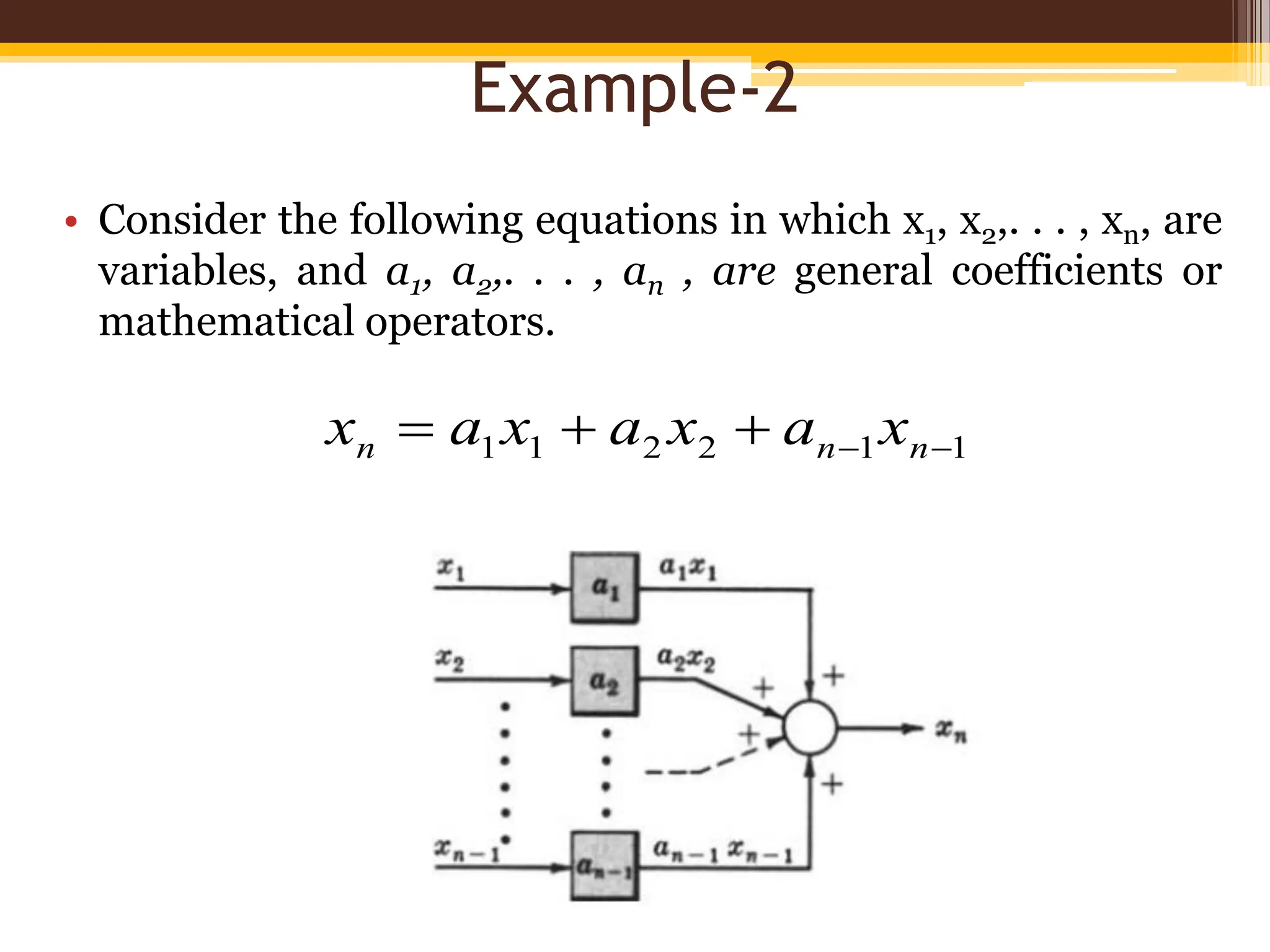 Example-2
• Consider the following equations in which x1, x2,. . . , xn, are
variables, and a1, a2,. . . , an , are general coefficients or
mathematical operators.
1
1
2
2
1
1 



 n
n
n x
a
x
a
x
a
x
 