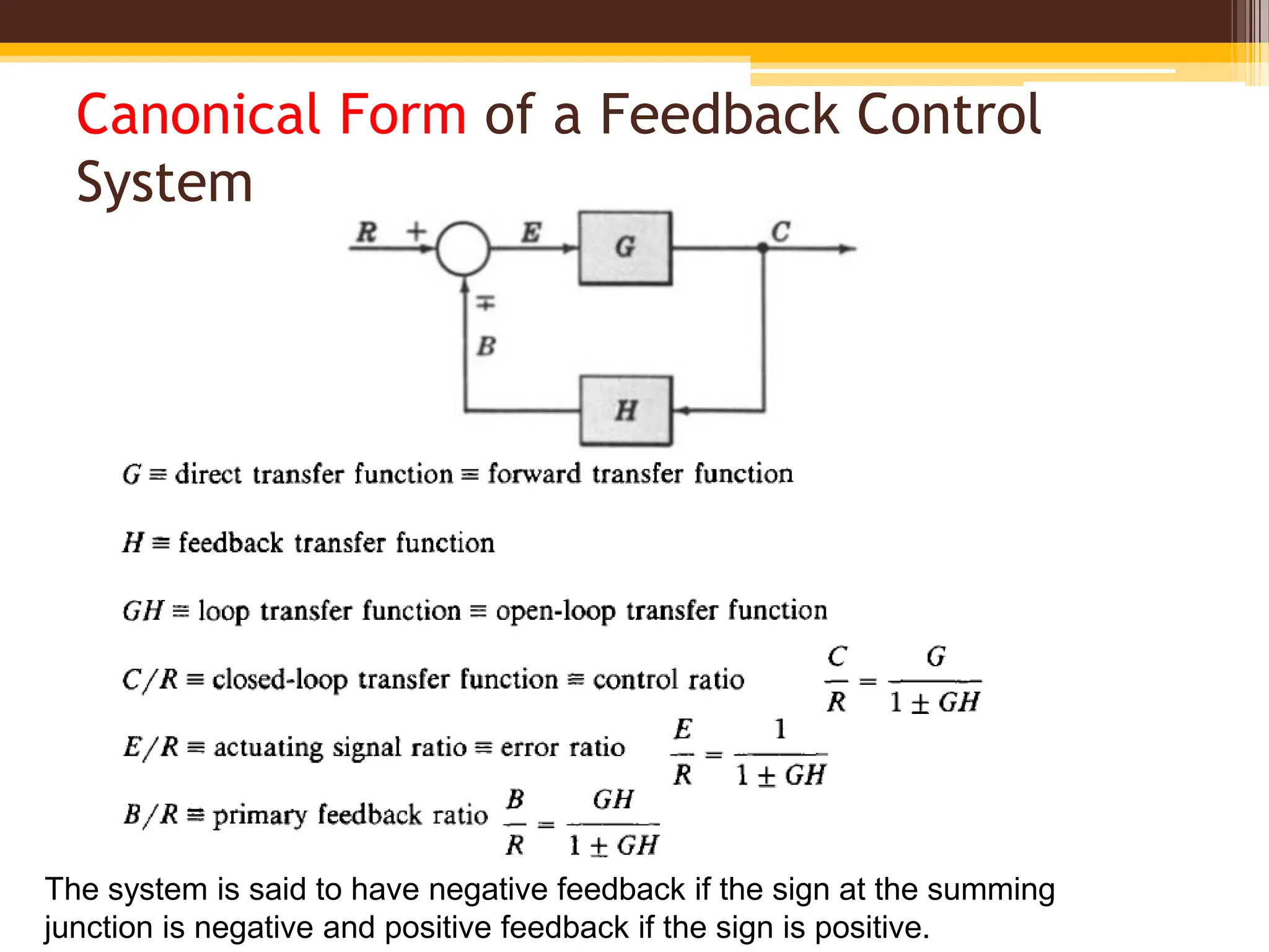 Canonical Form of a Feedback Control
System
The system is said to have negative feedback if the sign at the summing
junction is negative and positive feedback if the sign is positive.
 
