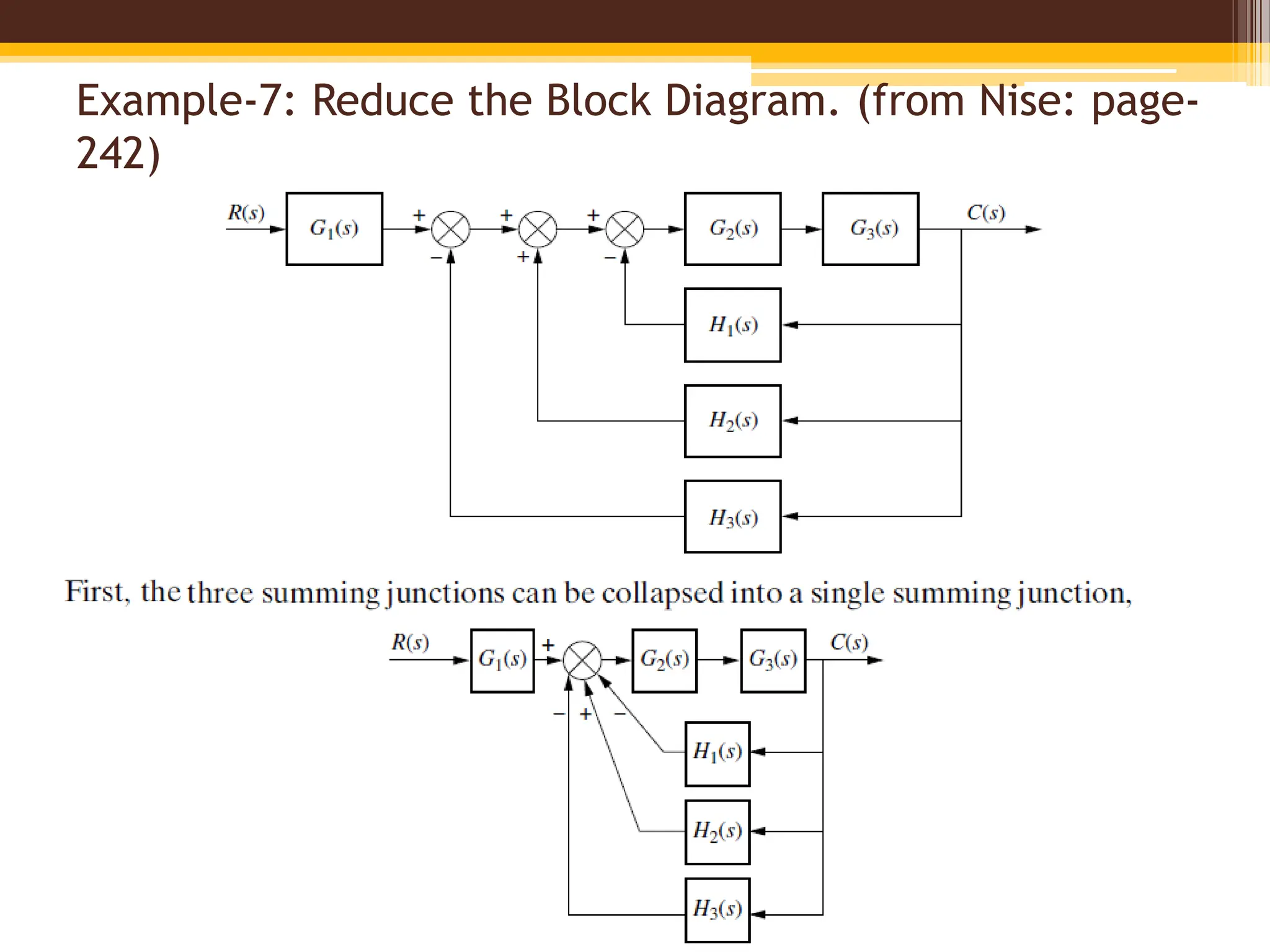 Example-7: Reduce the Block Diagram. (from Nise: page-
242)
 