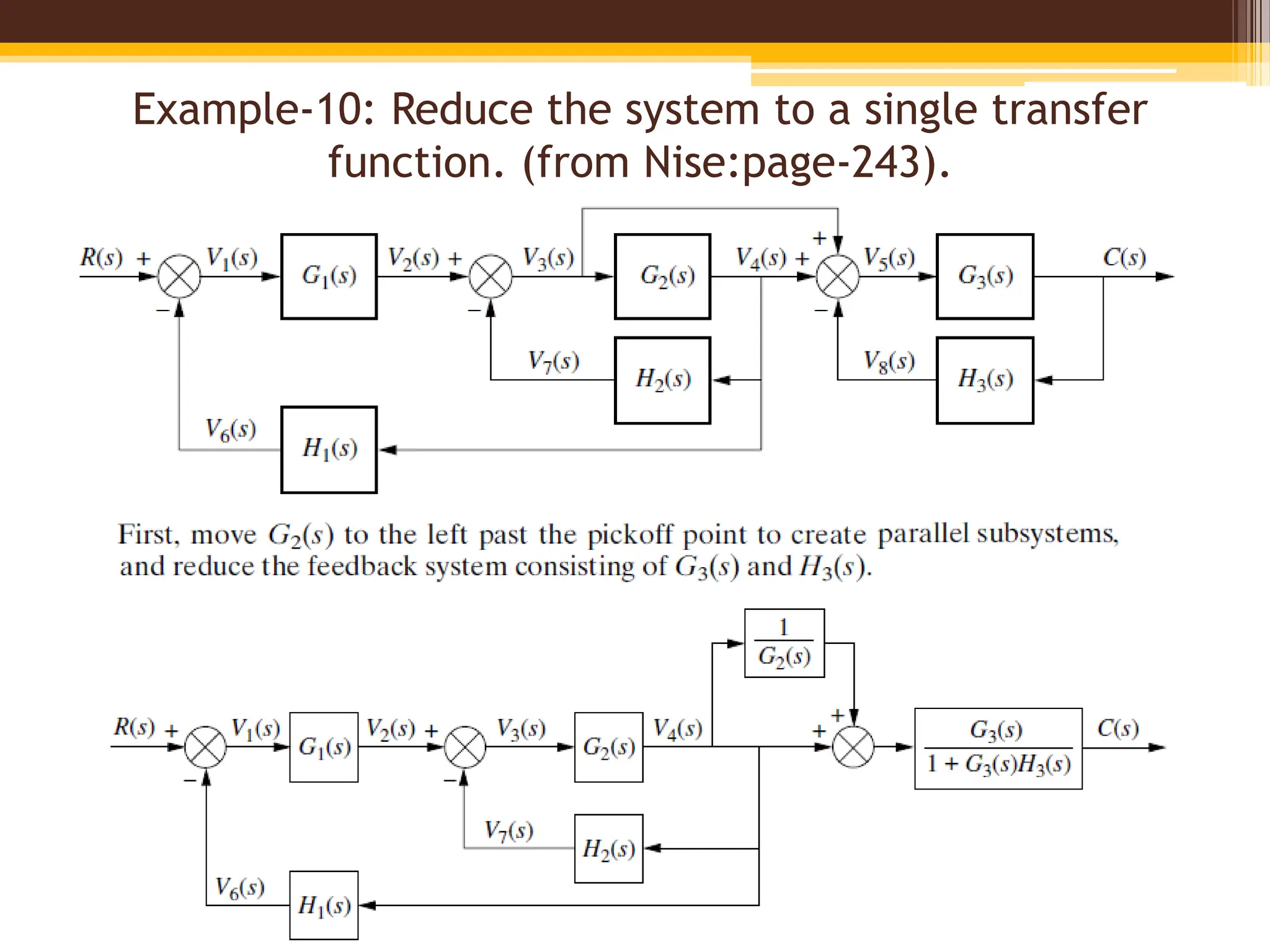 Example-10: Reduce the system to a single transfer
function. (from Nise:page-243).
 