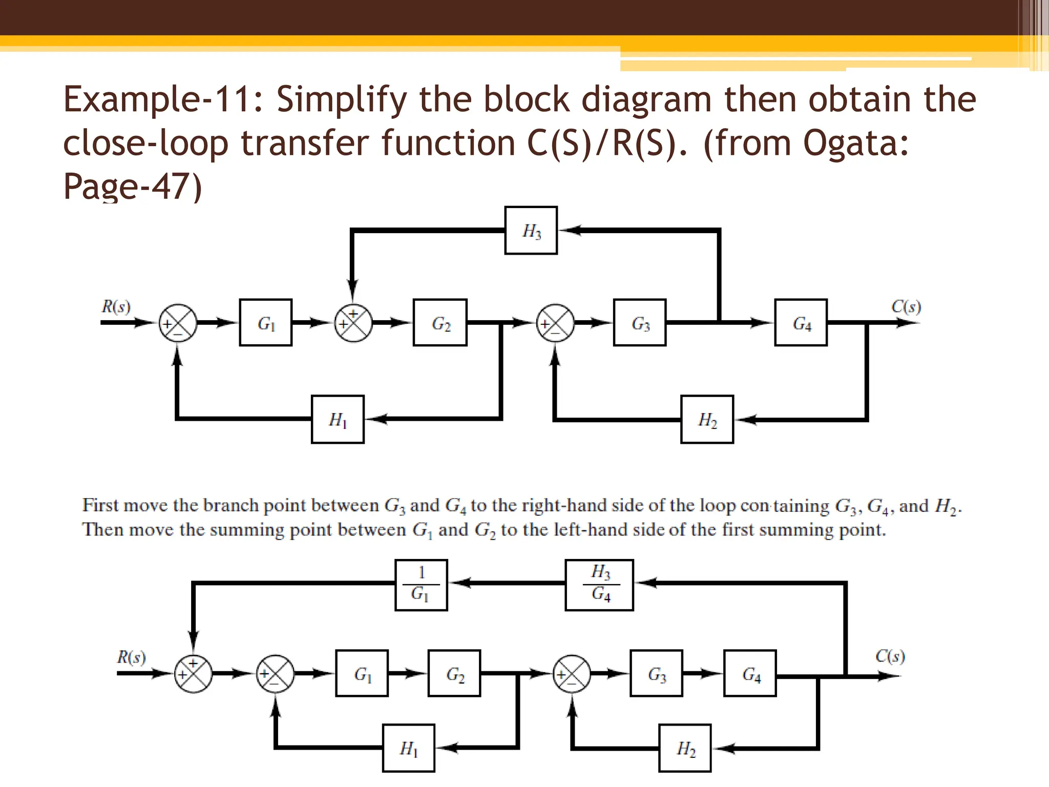 Example-11: Simplify the block diagram then obtain the
close-loop transfer function C(S)/R(S). (from Ogata:
Page-47)
 