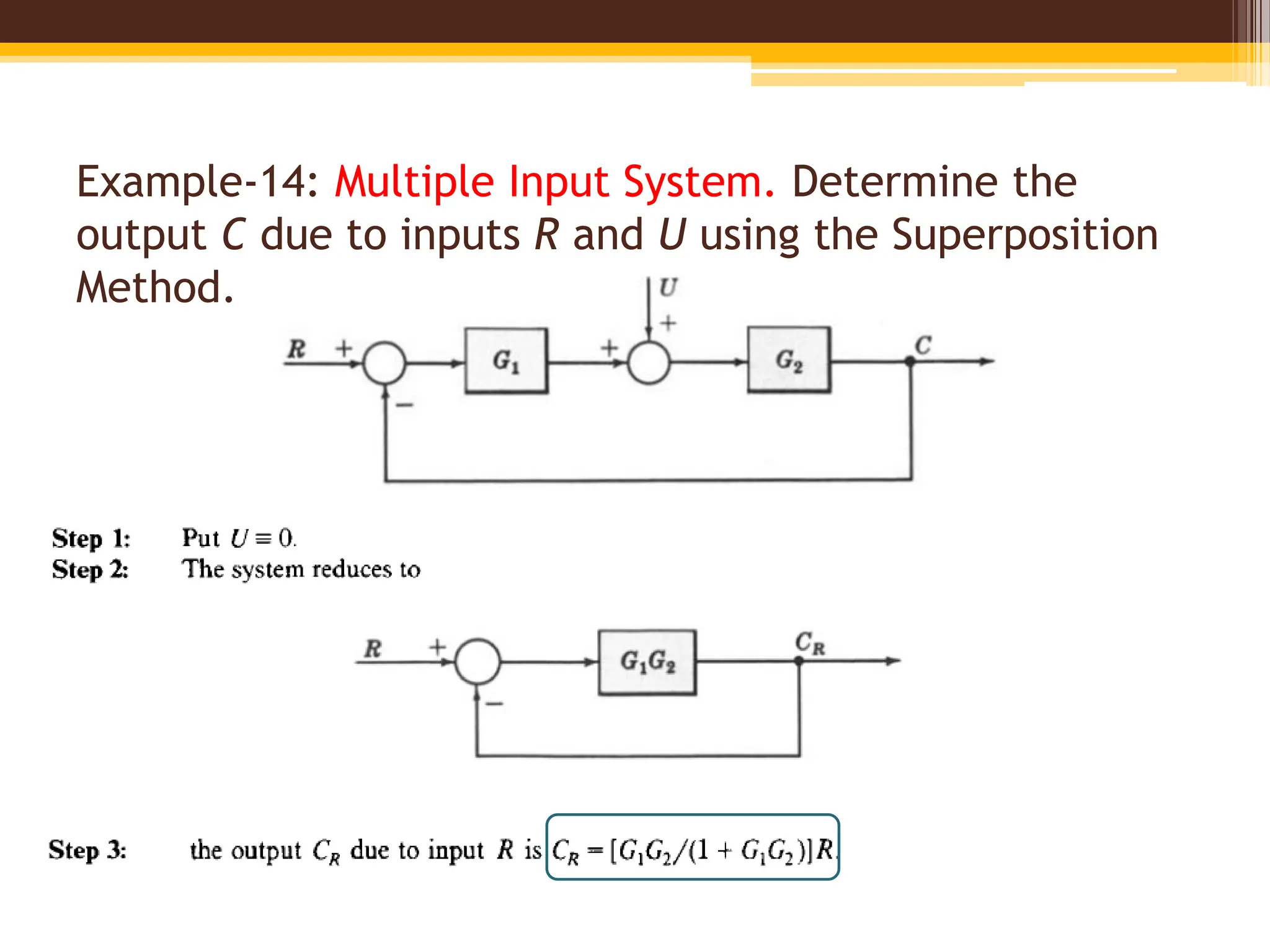 Example-14: Multiple Input System. Determine the
output C due to inputs R and U using the Superposition
Method.
 