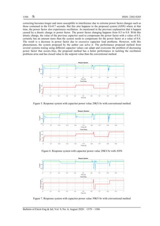  ISSN: 2302-9285
Bulletin of Electr Eng & Inf, Vol. 9, No. 4, August 2020 : 1379 – 1386
1384
correcting becomes longer and more susceptible to interference due to extreme power factor changes such as
those contained in the 0.6-0.7 seconds. But this also happens to the proposed system (ANN) where at that
time, the power factor also experiences oscillation. As mentioned in the previous explanation that it happen
caused by a drastic change in power factor. The power factor changing happens from 0.5 to 0.8. With this
drastic change, the value of the previous capacitor used to compensate the power factor with a value of 0.5,
certainly has an amount more than the system needs to compensate for the power factor at a value of 0.8.
The result is a decrease in power factor due to excessive capacitor load problems. However, with this
phenomenon, the system proposed by the author can solve it. The performance proposed method from
several systems testing using different capacitor values can adapt and overcome the problem of decreasing
power factor that occurs.Also, the proposed method has a better performance in tackling the oscillation
problems arise and has closed value to the setpoint value than the conventional method.
Figure 5. Response system with capacitor power value 20KVAr with conventional method
Figure 6. Response system with capacitor power value 20KVAr with ANN
Figure 7. Response system with capacitor power value 50KVAr with conventional method
 