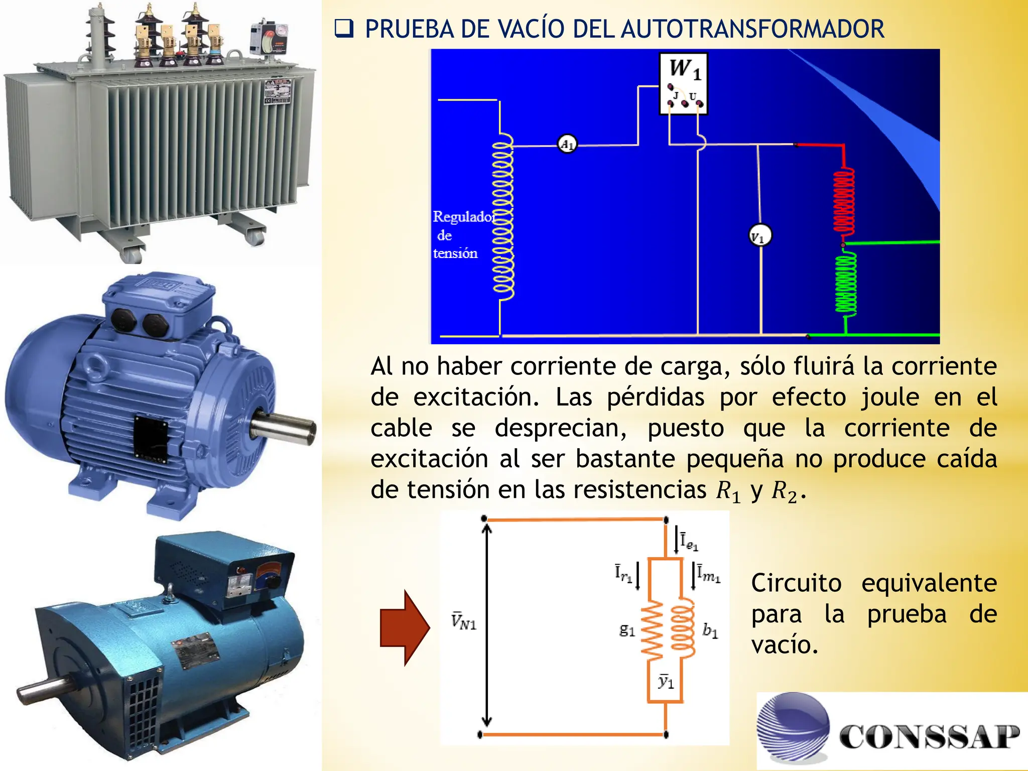  PRUEBA DE VACÍO DEL AUTOTRANSFORMADOR
Al no haber corriente de carga, sólo fluirá la corriente
de excitación. Las pérdidas por efecto joule en el
cable se desprecian, puesto que la corriente de
excitación al ser bastante pequeña no produce caída
de tensión en las resistencias 𝑅1 y 𝑅2.
Circuito equivalente
para la prueba de
vacío.
 