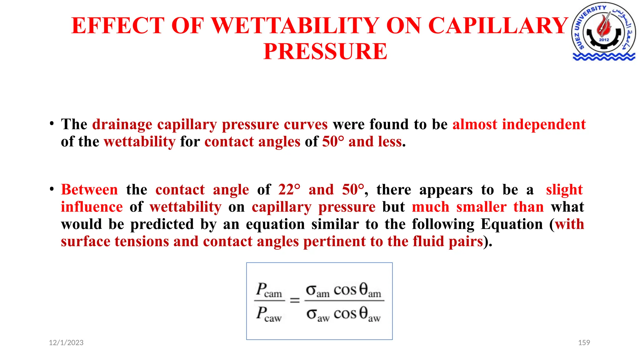 EFFECT OF WETTABILITY ON CAPILLARY
PRESSURE
• The drainage capillary pressure curves were found to be almost independent
of the wettability for contact angles of 50° and less.
• Between the contact angle of 22° and 50°, there appears to be a slight
influence of wettability on capillary pressure but much smaller than what
would be predicted by an equation similar to the following Equation (with
surface tensions and contact angles pertinent to the fluid pairs).
12/1/2023 159
 