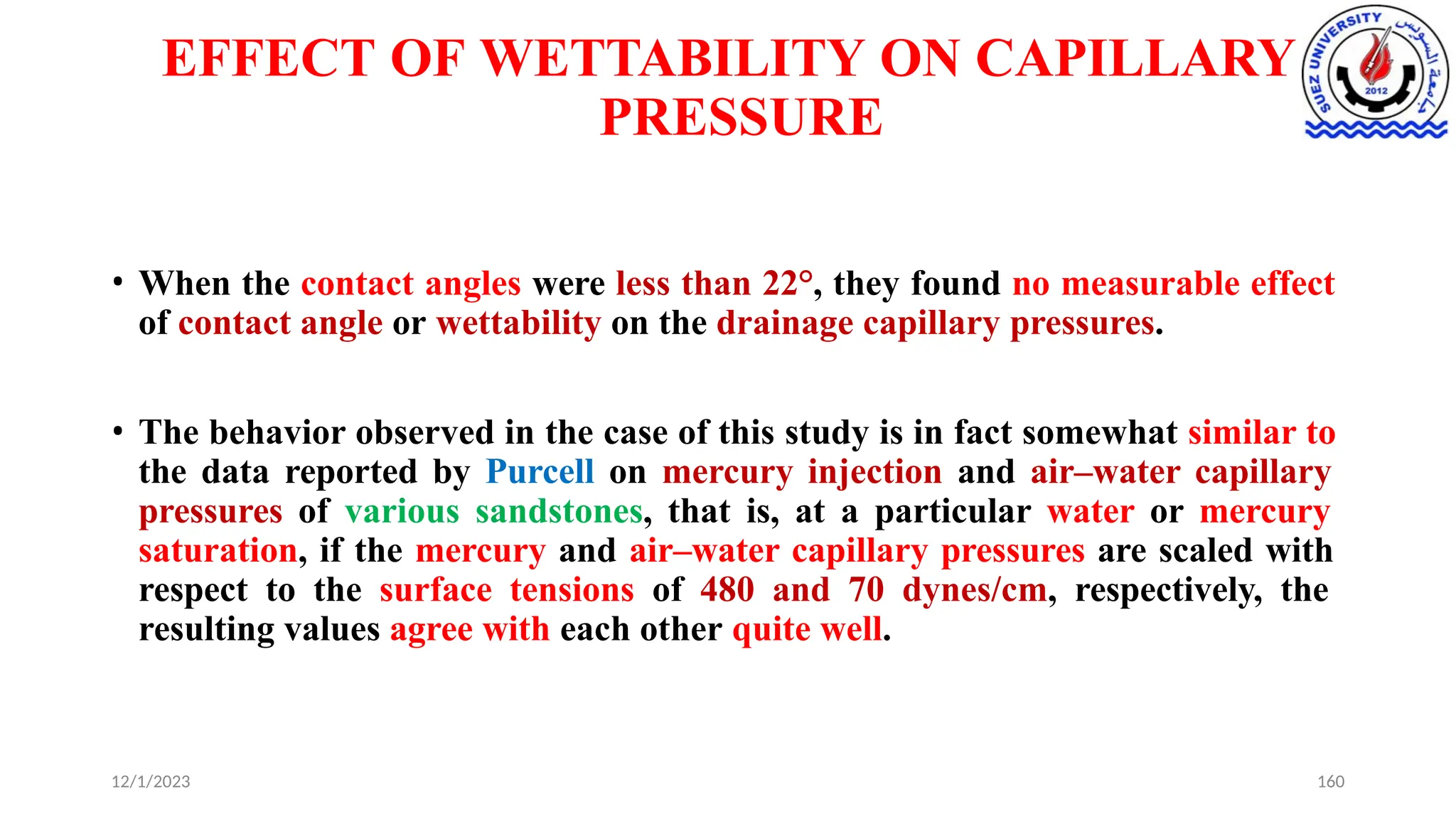 EFFECT OF WETTABILITY ON CAPILLARY
PRESSURE
12/1/2023 160
• When the contact angles were less than 22°, they found no measurable effect
of contact angle or wettability on the drainage capillary pressures.
• The behavior observed in the case of this study is in fact somewhat similar to
the data reported by Purcell on mercury injection and air–water capillary
pressures of various sandstones, that is, at a particular water or mercury
saturation, if the mercury and air–water capillary pressures are scaled with
respect to the surface tensions of 480 and 70 dynes/cm, respectively, the
resulting values agree with each other quite well.
 