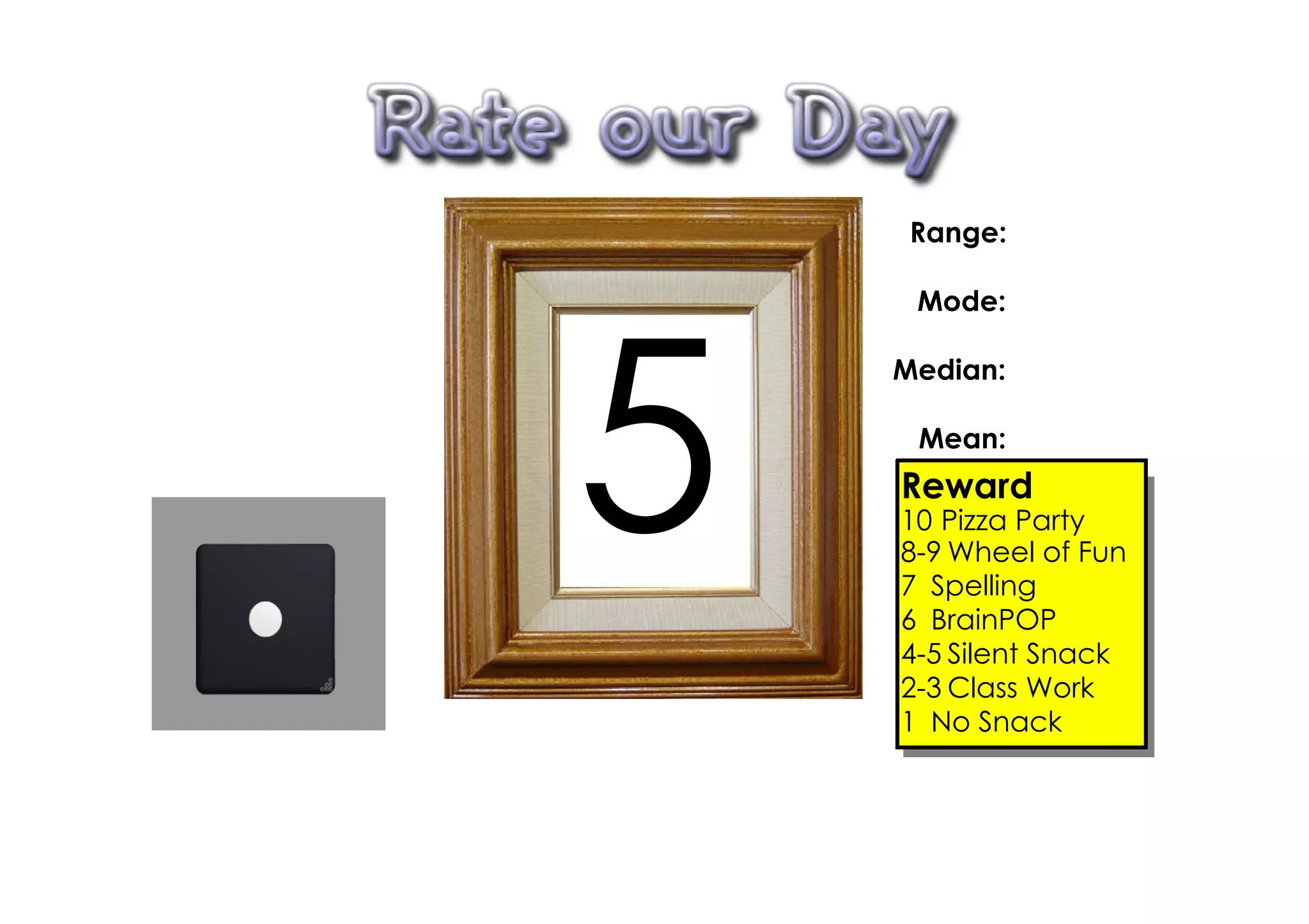 Range:

     Mode:




5
    Median:

     Mean:
    Reward
    10 Pizza Party
    8­9 Wheel of Fun
    7 Spelling
    6 BrainPOP
    4­5 Silent Snack
    2­3 Class Work
    1 No Snack
 