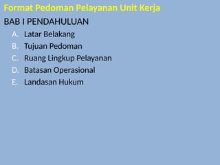 Format Pedoman Pelayanan Unit Kerja
BAB I PENDAHULUAN
A. Latar Belakang
B. Tujuan Pedoman
C. Ruang Lingkup Pelayanan
D. Batasan Operasional
E. Landasan Hukum
 